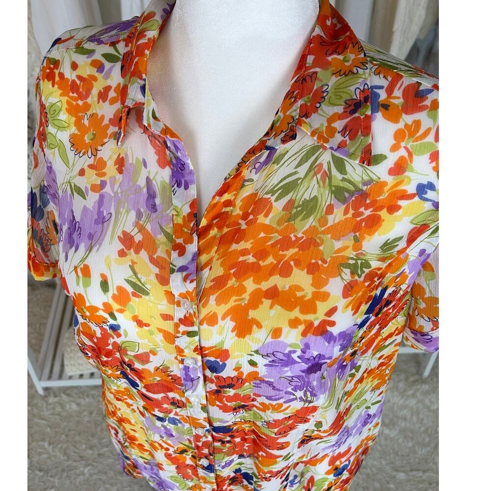 Apparenza Women's Size 1X Multicolor Floral Sheer Button Up Blouse #0388 - Picture 4 of 11